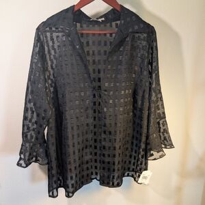 NWT Notations Sheer Black Burnout Check Cardigan 1X Plus Size Tie Front Poetcore